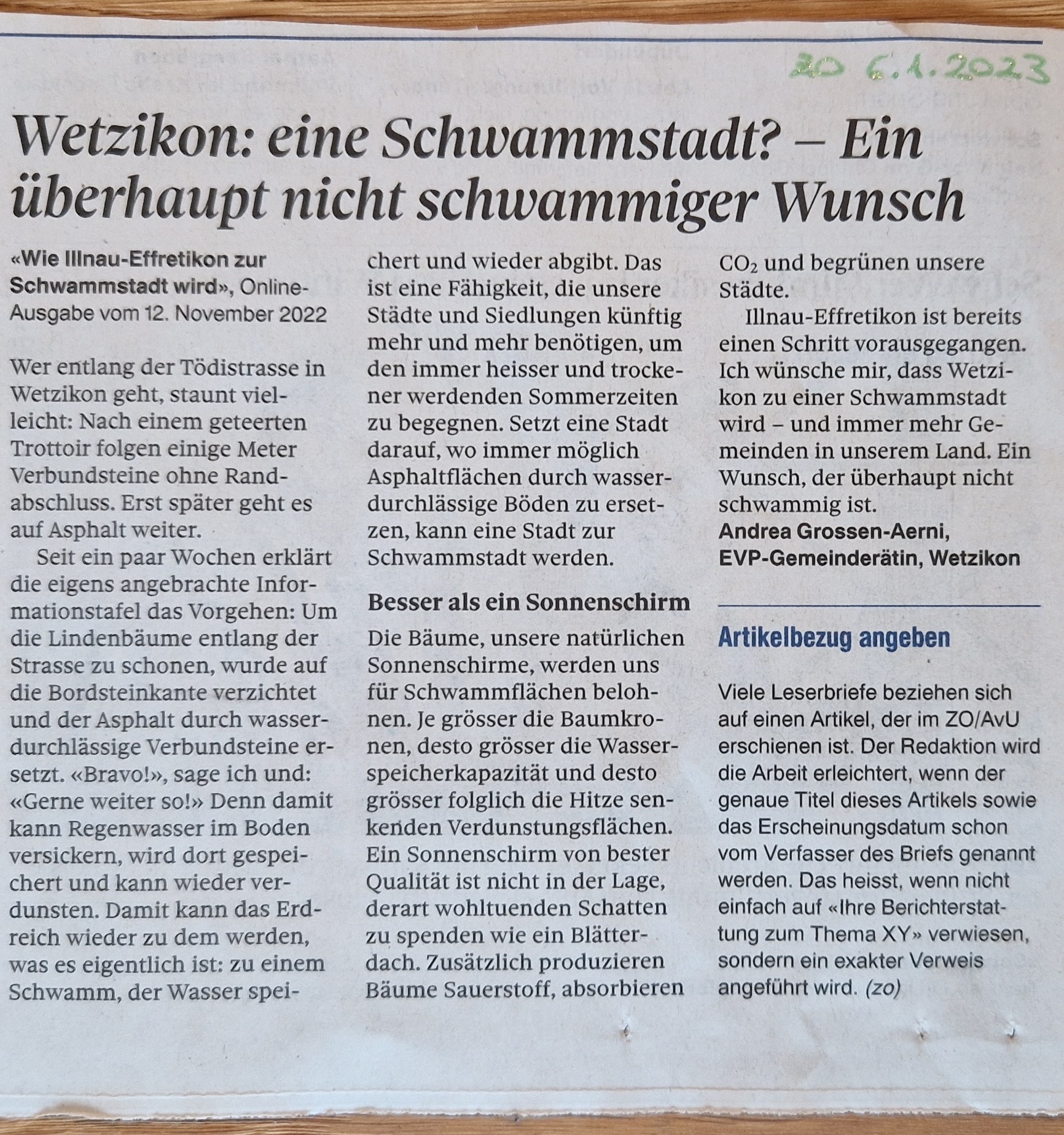 Read more about the article Leser:innenbrief zu «Wetzikon: eine Schwammstadt? – Ein überhaupt nicht schwammiger Wunsch»